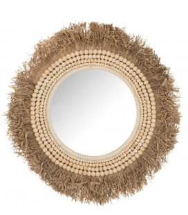 Miroir Rond Perles Bois et Raphia D84cm