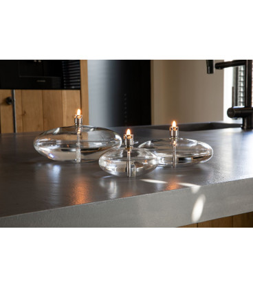 Bougie Galet GM, D 18cm, H 10cm, Verre, Acier Chrome, Meche Fibre De Verre