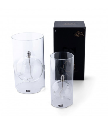Photophore PM, D 8cm, H 22cm, Verre, Acier Chrome, Meche Fibre De Verre