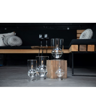 Photophore MM, D 15m, H 26cm, Verre, Acier Chrome, Meche Fibre De Verre
