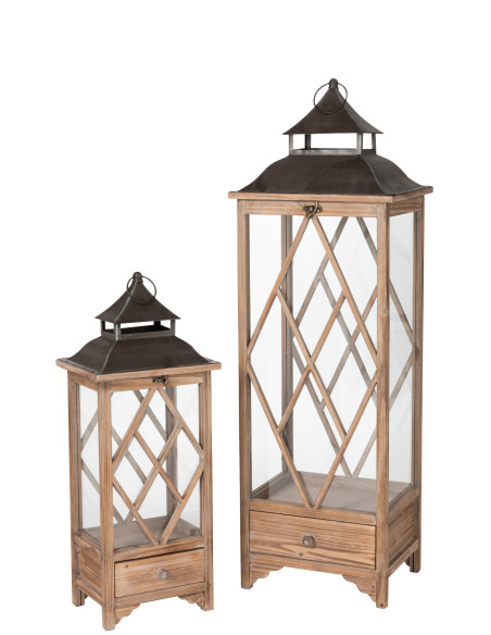 Ensemble de 2 lanternes en bois d'épinette/métal marron clair/noir Ensemble de 2 lanternes en bois d'épinette/métal marron clair/noir