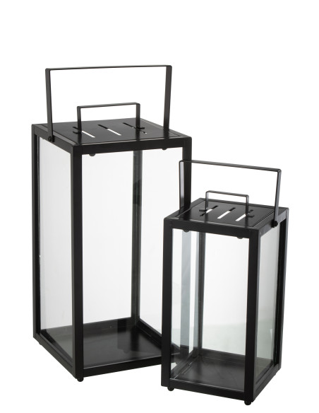 Ensemble de 2 lanternes rectangulaires en fer / verre noir