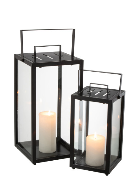 Ensemble de 2 lanternes rectangulaires en fer / verre noir