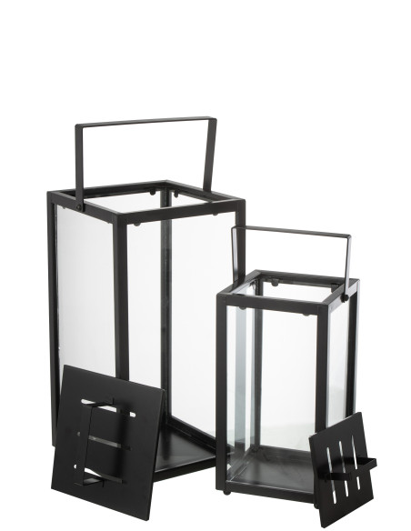 Ensemble de 2 lanternes rectangulaires en fer / verre noir
