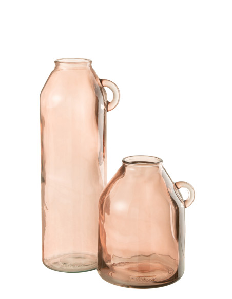 Grand vase en verre cylindrique avec poignée rose clair. Grand vase en verre cylindrique avec poignée rose clair.