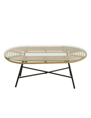 Table basse ovale d'extérieur en métal/verre naturel/noir