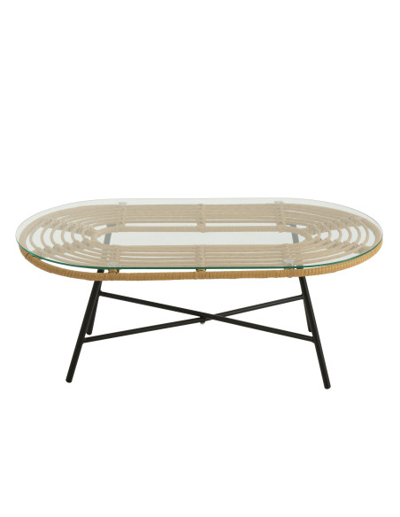 Table basse ovale d'extérieur en métal/verre naturel/noir