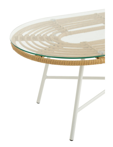 Table Basse Ovale Extérieure Métal/Verre Naturel/Blanc