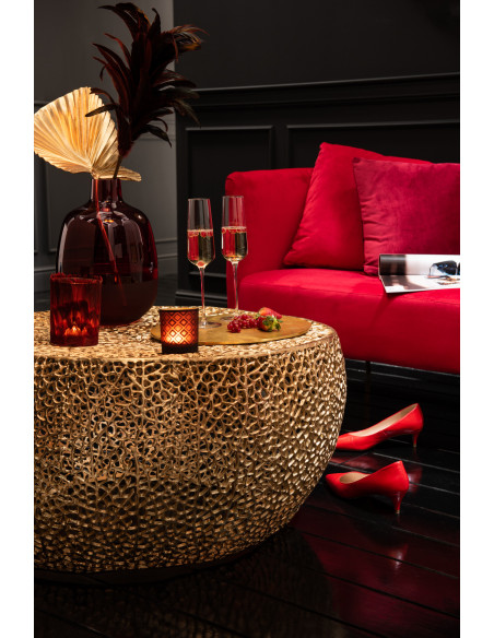 Table basse ronde basse motif corail en aluminium doré Table basse ronde basse motif corail en aluminium doré
