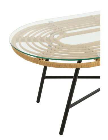 Table basse ovale d'extérieur en métal/verre naturel/noir