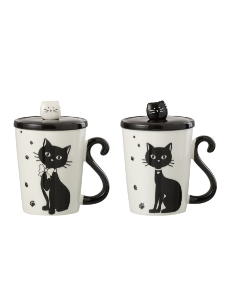 Impression de tasse Chat + Couvercle + Cuillère Porcelaine Blanc / Noir Assortiment de 2J-Line Impression de tasse Chat + Couvercle + Cuillère Porcelaine Blanc / Noir Assortiment de 2J-Line