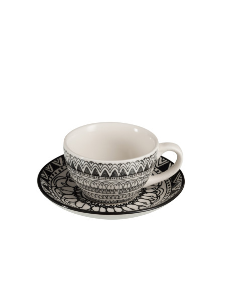 Tasse à café + soucoupe Monochrome Boho en céramique noir/blancJ-Line Tasse à café + soucoupe Monochrome Boho en céramique noir/blancJ-Line