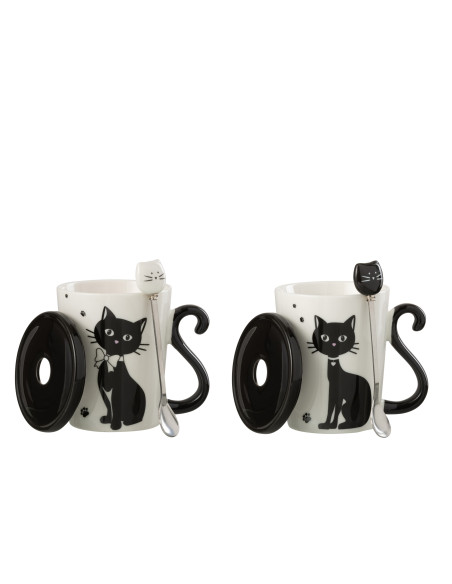 Impression de tasse Chat + Couvercle + Cuillère Porcelaine Blanc / Noir Assortiment de 2J-Line Impression de tasse Chat + Couvercle + Cuillère Porcelaine Blanc / Noir Assortiment de 2J-Line