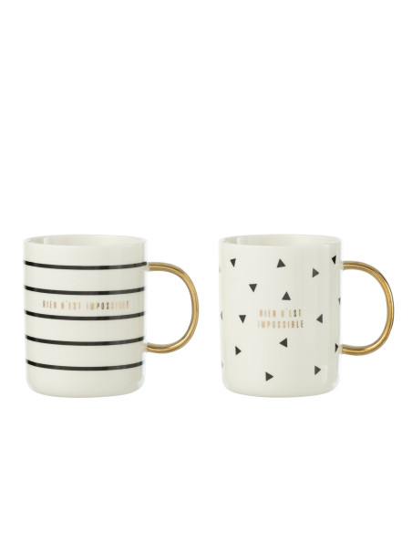 Tasse à rayures horizontales/triangle en céramique blanche assortiment de 2J-Line Tasse à rayures horizontales/triangle en céramique blanche assortiment de 2J-Line
