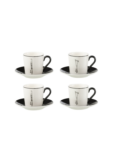 Boîte de 4 tasses à café + soucoupe Windownbox en céramique noir/blanc petitJ-Line Boîte de 4 tasses à café + soucoupe Windownbox en céramique noir/blanc petitJ-Line