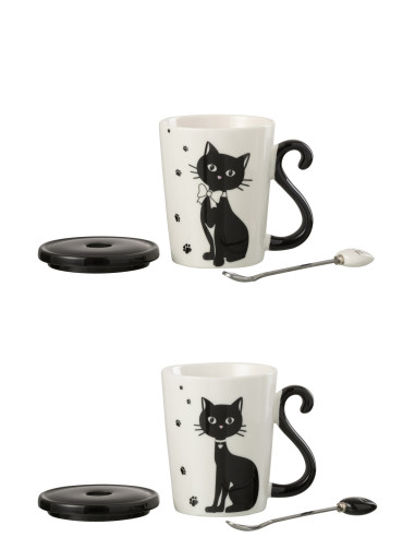 Impression de tasse Chat + Couvercle + Cuillère Porcelaine Blanc / Noir Assortiment de 2J-Line