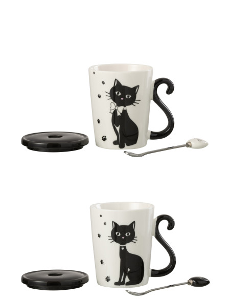 Impression de tasse Chat + Couvercle + Cuillère Porcelaine Blanc / Noir Assortiment de 2J-Line Impression de tasse Chat + Couvercle + Cuillère Porcelaine Blanc / Noir Assortiment de 2J-Line
