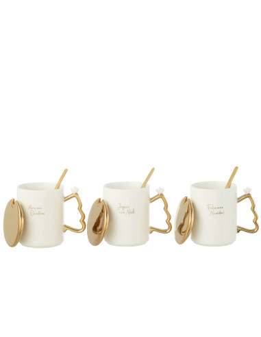 Tasse + Cuillère Noël Céramique Blanc/Or Assortiment De 3J-Line