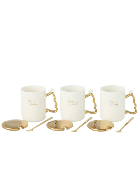 Tasse + Cuillère Noël Céramique Blanc/Or Assortiment De 3J-Line