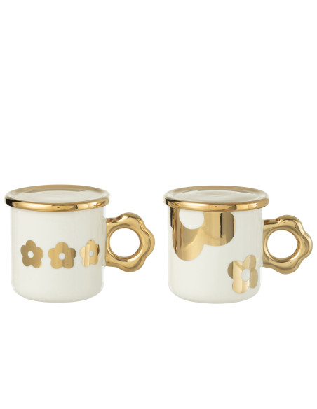 Tasse + Soucoupe Fleur Céramique Blanc/Or Assortiment De 2J-Line Tasse + Soucoupe Fleur Céramique Blanc/Or Assortiment De 2J-Line