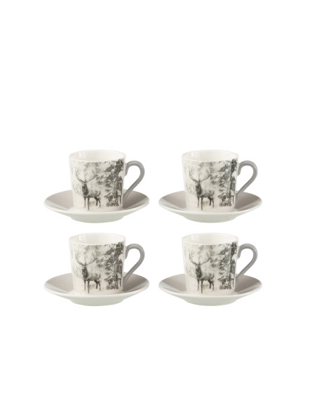 Boîte de 4 tasses à café + soucoupe Renne Windownbox Céramique Gris PetitJ-Line