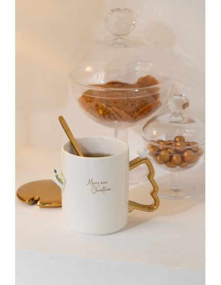 Tasse + Cuillère Noël Céramique Blanc/Or Assortiment De 3J-Line