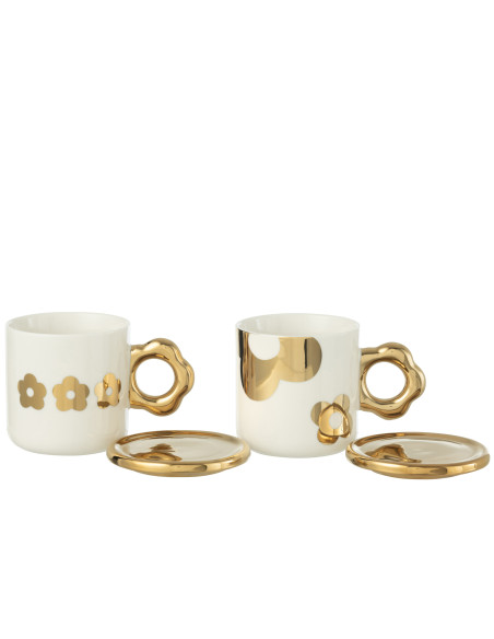 Tasse + Soucoupe Fleur Céramique Blanc/Or Assortiment De 2J-Line Tasse + Soucoupe Fleur Céramique Blanc/Or Assortiment De 2J-Line