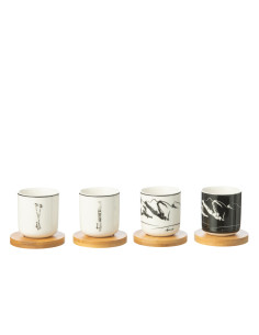 Boîte de 4 tasses à café + soucoupe en bambou Windownbox céramique noir/blancJ-Line