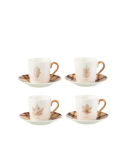Boîte de 4 tasses à café + soucoupe Feuille Windownbox Céramique Marron PetitJ-Line Boîte de 4 tasses à café + soucoupe Feuille Windownbox Céramique Marron PetitJ-Line