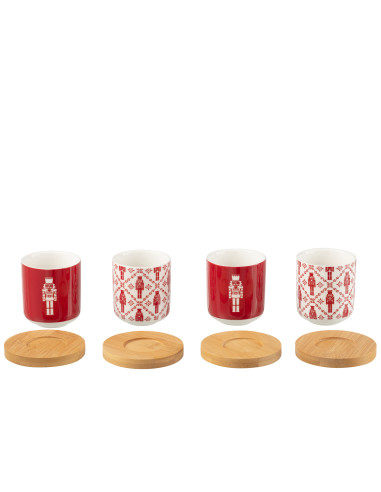 Boîte de 4 tasses à café + soucoupe en bambou Casse-noisettes Boîte vitrée Céramique RougeJ-Line