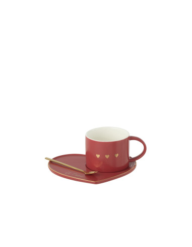 Tasse + Soucoupe + Cuillère 3 Cœurs Céramique RougeJ-Line