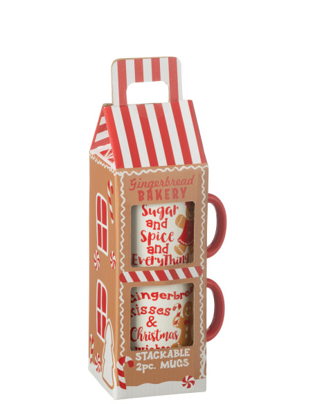 Boîte de 2 tasses en céramique rouge dans un coffret cadeau.J-Line Boîte de 2 tasses en céramique rouge dans un coffret cadeau.J-Line