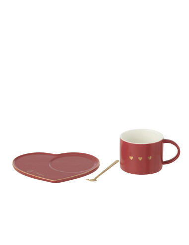 Tasse + Soucoupe + Cuillère 3 Cœurs Céramique RougeJ-Line