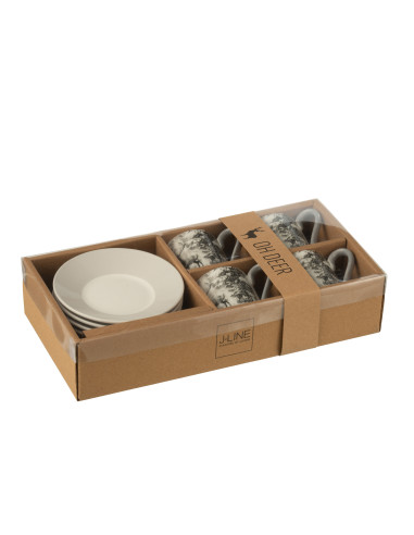 Boîte de 4 tasses à café + soucoupe Renne Windownbox Céramique Gris PetitJ-Line