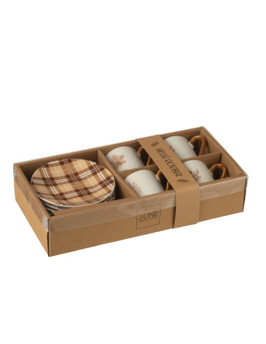 Boîte de 4 tasses à café + soucoupe Feuille Windownbox Céramique Marron PetitJ-Line