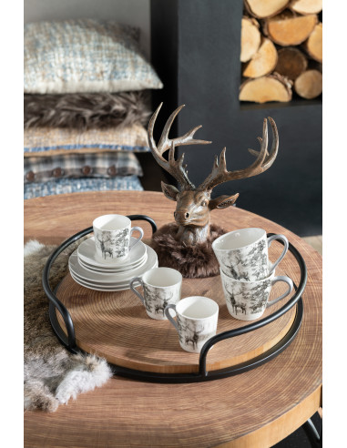 Boîte de 4 tasses à thé + soucoupe Cerf Windownbox en céramique blanc/marron grandJ-Line