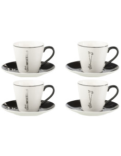Box Of 4 Tea Cup+Saucer Windownbox Ceranmics Black/White LargeJ-Line