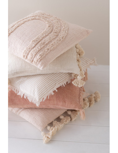 Coussin à pompon en coton pêche carréJ-Line