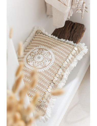 Coussin rectangulaire à motif de pièces en jute naturel/beigeJ-Line
