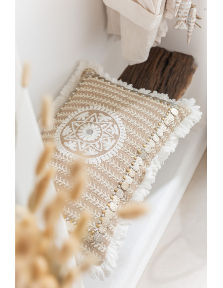 Coussin rectangulaire à motif de pièces en jute naturel/beigeJ-Line