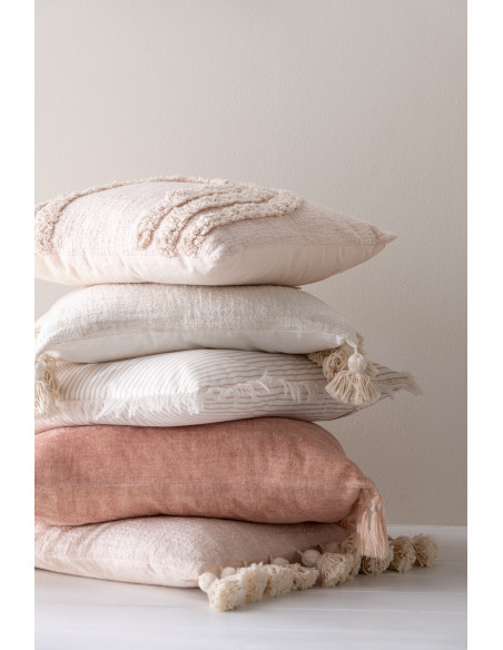 Coussin à pompon en coton pêche carréJ-Line