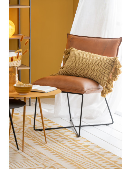 Coussin à pompon en coton rectangle ocreJ-Line