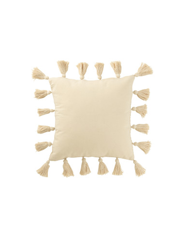 Coussin en coton beige avec des pompons tissés.J-Line