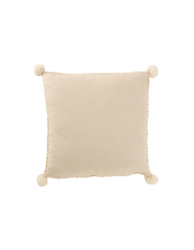 Coussin doux en polyester beige avec pompons.J-Line