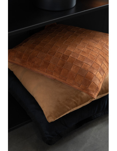 Coussin carré en cuir cognac.J-Line