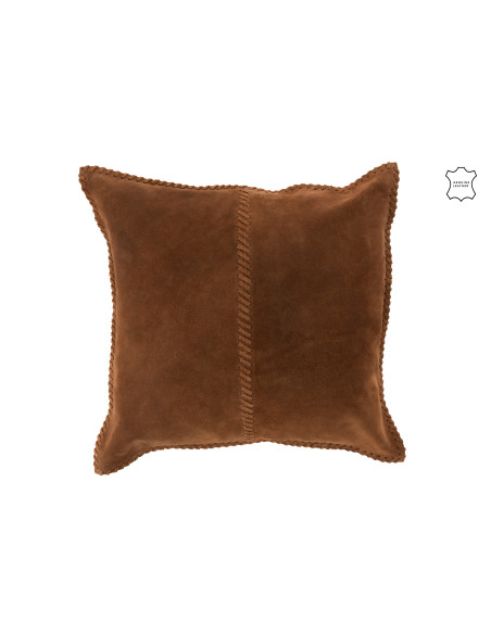 Cousu Coussin Carré en Cuir CognacJ-Line