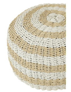 Pouf Rond à Rayures en Plastique Tissé Blanc/NaturelJ-Line 2