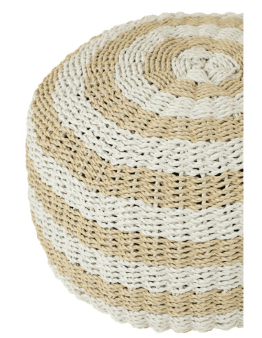 Pouf Rond à Rayures en Plastique Tissé Blanc/NaturelJ-Line