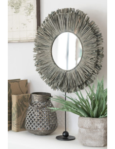 Miroir sur pied en jonc rond en raphia grisJ-Line 2