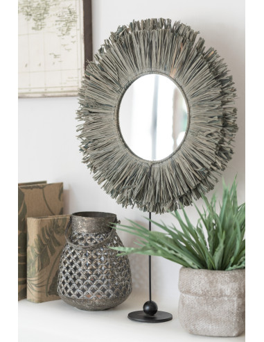 Miroir sur pied en jonc rond en raphia grisJ-Line